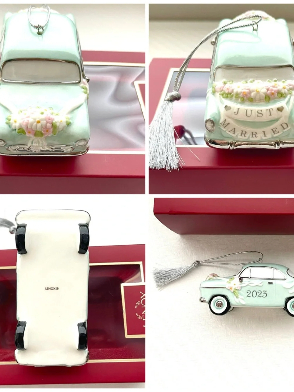 LENOX 2023 “Just Married” Ornament Vintage Car Porcelain CHRISTMAS 4” Mint Green